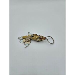 Vintage Articulated Goldfish Keychain Enamel Moving Koi Fish Gold White Charm